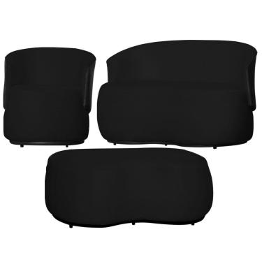 Imagem de Kit 1 Poltrona 1 Namoradeira e 1 Puff Grande Decorativo Estilo Orgânico Beatriz Suede Composê Corino Preto - Estopar