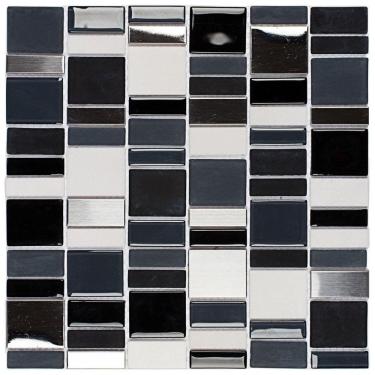 Imagem de Pastilha de Vidro e Inox Petrus 30,3 x 30cm Branco/Preto