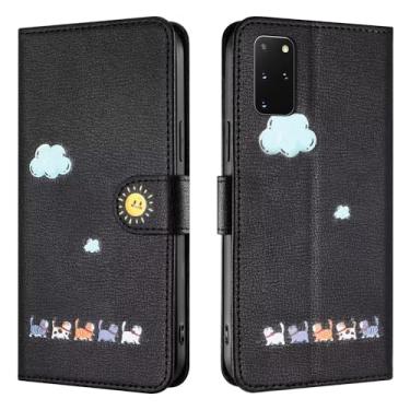 Imagem de Rnrieyta Capa Miagon para Samsung Galaxy S20, capa de desenho animado animal gato nuvem bonito padrão dobrável suporte carteira de couro PU capa protetora com compartimentos para cartões, preto