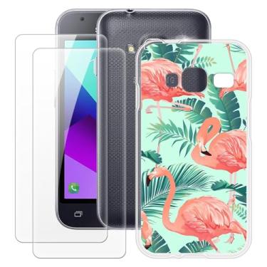 Imagem de MILEGOO Capa para Samsung Galaxy J1 Mini Prime + 2 peças protetoras de tela de vidro temperado, capa de TPU de silicone macio à prova de choque para Samsung Galaxy V2 (4 polegadas) Flamingo