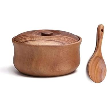 Imagem de Tigela de salada de madeira com tampa e colher, tigela de madeira de acácia para salada de frutas cereais massa de floco de milho, tigela de servir comida, decoração, festa-, pequena