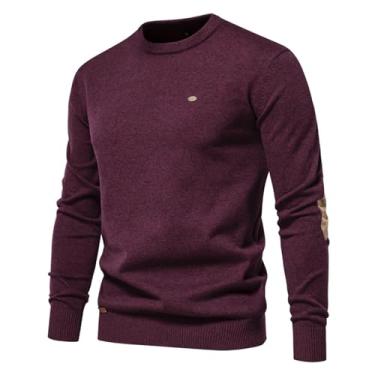 Imagem de Camisa masculina de malha contrastante com gola redonda, suéter fino com borda canelada pulôver, Vinho tinto, XG