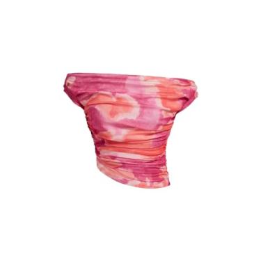 Imagem de Floerns Camisetas femininas tie dye manga curta ombro de fora franzido bainha assimétrica, rosa, G