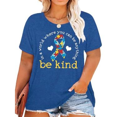 Imagem de Camisetas femininas de conscientização do autismo plus size Be Kind Kindness com suporte de fita de conscientização, Azul 2, 3G Plus Size