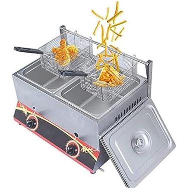 Imagem de Fritadeira profissional a gás profundo, com cestos e tampa removíveis, poder de fogo ajustável, fritadeira multifuncional de aço inoxidável espesso, para batatas fritas, donuts, peixe, gás l