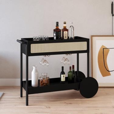 Imagem de Carrinho Bar 1 Gaveta 112cm com Porta Taças Palhinha Pé Madeira Oslo Nero/Preto