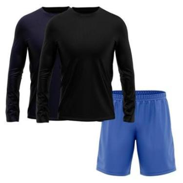 Imagem de Kit Short Azul + 2 Camisetas Masculina Manga Longa Segunda Pele Esporte Treino-Masculino