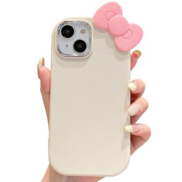Imagem de Capa para iPhone 14 Plus/15 Plus com lindo design de laço 3D, silicone líquido fino, 3 camadas, borracha de gel macio, à prova de choque, capa protetora de TPU para mulheres e meninas (branca, para 14