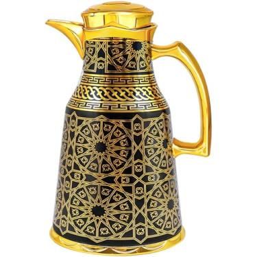 Imagem de Garrafa térmica isolada para café, 1000 ml, bule de café árabe de luxo, garrafa térmica a vácuo com isolamento térmico para café, chá quente e frio, enfeites de inauguração de casa (preto e dourado)