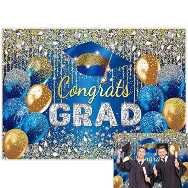 Imagem de Allenjoy Pano de fundo azul e dourado de 208,3 cm x 149,9 cm para fotografia Parabéns Grad Class of 2025 Prom Party Supplies Photo Studio Banner Background