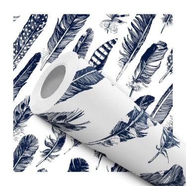 Imagem de Papel de Parede Adesivo Azul Marinho Branco Pena Moderno Quarto Sala d