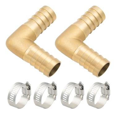 Imagem de Goldpea Brass Hose Barb Fitting 90 graus cotovelo 3/20.3 cm farpado x 3/20.3 cm farpado 90 graus ângulo reto 2 peças com 4 peças braçadeiras de mangueira