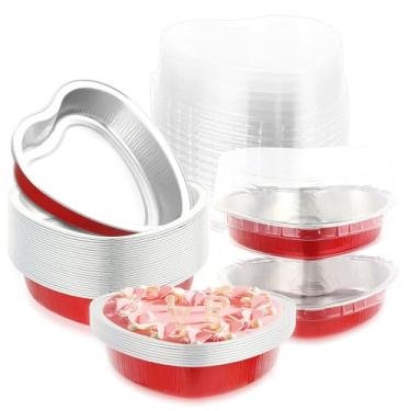 Imagem de 24 formas de bolo em forma de coração de folha de alumínio de 225 ml com tampas transparentes, forma de bolo grande descartável de coração, forros, forros, recipientes de ramequins para dia dos