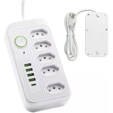 Imagem de Filtro de Linha Extensão Tomada Régua de Energia 5 Tomadas 4 Interfaces USB 1 Porta USB Tipo C Cabo de Alimentação 2 Metros Suporte a Tensão de 110-220V Potência 2500W Premium