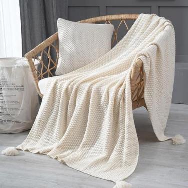 Imagem de Cobertor de malha nórdico com borla para sofá, cobertor de malha leve creme 100% algodão orgânico para sofá-cama, berçário, escritório, almoço, xale, viagem, decoração de quarto boho (M(109 x 159 cm)