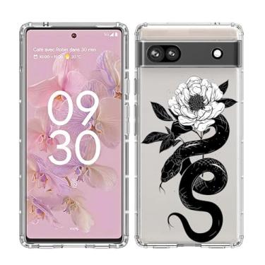 Imagem de YCJACE Capa de telefone para Google Pixel 6a capa transparente com design de cobra preta com flor TPU macio absorção de choque fina padrão em relevo capa protetora para Google Pixel 6a - cobra preta