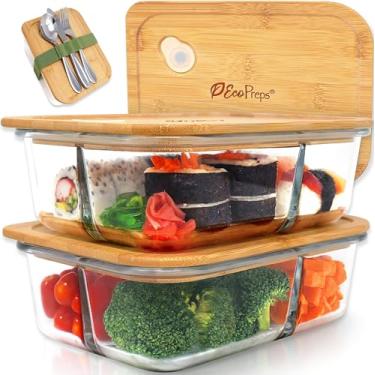 Imagem de EcoPreps Large Glass Bento Box Containers with Bamboo Lids, 3 Compartment Glass Meal Prep Containers【2 Pack, XL】 100% Plastic Free, Eco-Friendly Glass Lunch Container, Glass Bento Boxes for Adults