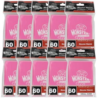 Imagem de Monster Protectors Mangas rosa tamanho pequeno acabamento brilhante com logotipo monstro - 600 unidades - compatível com Yugioh e outras cartas de jogos de tamanho menor, troca e colecionáveis