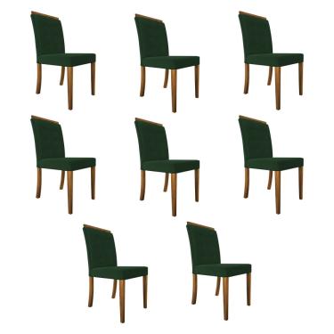 Imagem de Kit 8 Cadeiras de Jantar Luxo Vitória Estofadas Veludo Verde Base Madeira Maciça Mel