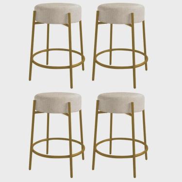 Imagem de Kit 04 Banquetas Alta Sintra 65cm Redonda Ferro Dourado Linho Cru - Ahazzo Móveis