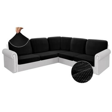 Imagem de Arfntevss Capas de sofá seccionais, em forma de L, capas de almofada de sofá de canto elástico, 11 peças, protetor de móveis macio em forma de U para cães (5 assentos e 6 almofadas traseiras, preto