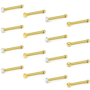 Imagem de Hoeudjo Piercing de nariz de aço cirúrgico zircônia cúbica kit de anéis de nariz para mulheres homens parafuso e osso e anéis de narina em forma de L piercing joias 20 calibre 16 peças, Metal