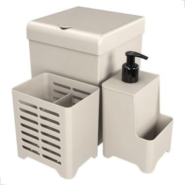 Imagem de Kit Cozinha Pia 3 Peças Lixeira Escorredor De Talheres Dispenser De Detergente Luxo Compacto (Bege)