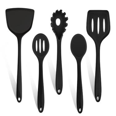 Imagem de TeamFar Conjunto de 5 utensílios de cozinha de silicone, colheres sólidas e com fenda, servidor de macarrão para panelas antiaderentes, saudáveis e resistentes ao calor, sem costura e sem arranhões,
