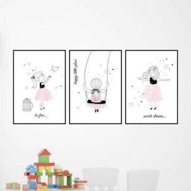 Imagem de Kit 3 Quadros Decorativos Menina, Balanço E Pássaro - Quadros On-Line