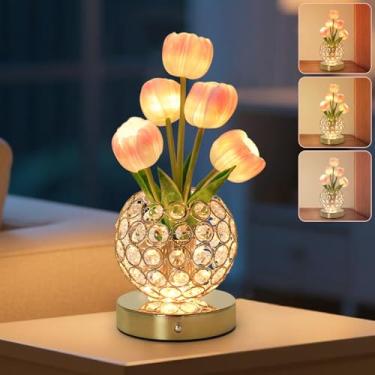 Imagem de Lâmpadas de flor de tulipa, luz noturna de cristal romântico com 3 cores de toque, regulável, lâmpada de cabeceira de flor artificial recarregável por LED, lâmpada noturna decorativa com tulipa para