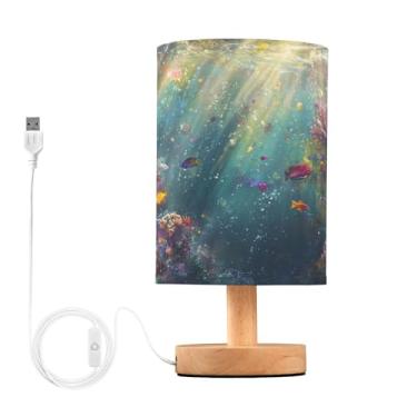 Imagem de Joisal Cena subaquática com luzes coloridas de suporte noturno de peixe para quarto, minisabajur de mesa com porta USB, luminária lateral de mesa, reforma da casa