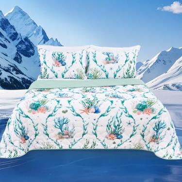 Imagem de Uspring Conjunto de edredom refrescante king size para quem dorme quente, conjunto de cama litorânea de verão, leve, respirável, macio, frio, para verão, conjunto de cobertores de praia (verde, 264 x