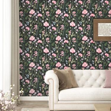 Imagem de Papel de parede floral escuro com flor rosa, papel de parede boêmio botânico para armários e gavetas, papel de parede boêmio para quarto, banheiro, 44,5 x 259 cm