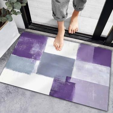 Imagem de Capacho interno para porta da frente, grafite abstrato moderno, geométrico, absorvente, tapete de boas-vindas antiderrapante para entrada, ombré, roxo, cinza, quadrado, lavável, interior, tapete de