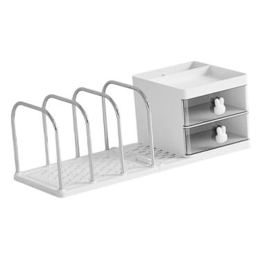 Imagem de ＫＬＫＣＭＳ Organizador de mesa, suporte de armazenamento de mesa com 2 gavetas, classificador de arquivos multifuncional, suporte para canetas para documentos de, Branco