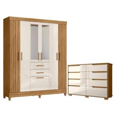 Imagem de Guarda Roupa Solteiro Malta com Espelho e Cômoda Georgia Freijó Off Wh