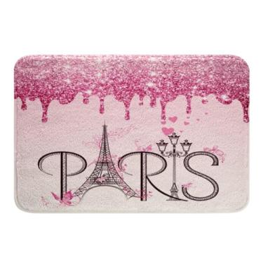 Imagem de Feelyou Tapetes de banheiro da Torre Eiffel, 51 x 81 cm, com glitter, romântico, Paris, para banheira, para meninos e meninas, tapetes de banho com borboleta rosa ombré para banheiro, acessórios de