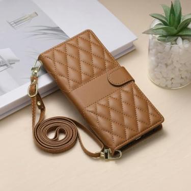 Imagem de HJZSZX Para iPhone 13 Mini Long Lanyard Crossbody Couro Carteira Cartão Capa de Telefone Flip Cover (Para iPhone 13 Mini/Marrom)