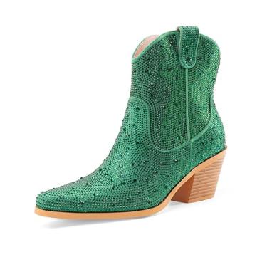 Imagem de Oh Mispares Botas Femininas Brilhantes Com Strass Verde Cowboy Cano Curto Bico Fino Salto Baixo Cowboy Botinhas Com Zíper (Verde, 8,5)