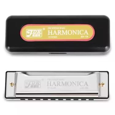 Imagem de Gaita de Boca Diatônica JDR – 10 Furos 20 Vozes em Dó (C) com Estojo – Harmônica Profissional para Blues, Folk, Iniciantes e Músicos (Prata)