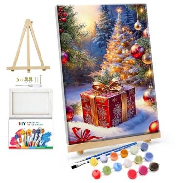 Imagem de JOOZ Kit de pintura de Natal por números para adultos com moldura de bola de Natal por número com cavalete Árvore de Natal Kits de pintura a óleo DIY Kits de pintura a óleo para decoração de parede de