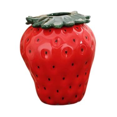 Imagem de BLWOTMOR Vaso de Cerâmica para Flores, Decoração de Morango, Arranjo de Flores para Mesa, Recipiente para Quarto, Cozinha, Mesa, Vaso Decorativo Fofo, Vermelho, Pequeno