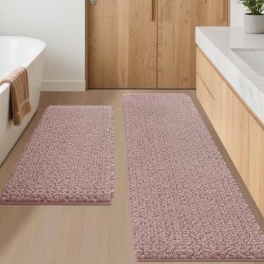 Imagem de ACCUMTEK Tapete de banheiro de luxo 2 peças rosa empoeirado, tapete de banheiro 122 x 51 cm + 61 x 43 cm, tapetes de banho absorventes ultra macios, tapete de chenille antiderrapante para banheiro