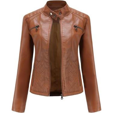 Imagem de Mulheres Preto Couro Falso Jaqueta De Motociclista Elegante Gola Zip Up Couro Pu Moto Casaco Casual Mangas Longas Clássico Slim Fit, Brown, ME(S)