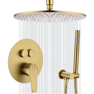 Imagem de Sistema De Chuveiro De 12 Polegadas Com Válvula De Pressão Balanceada Chuva Montada No Teto De Luxo E Conjunto De Chuveiro De Mão Desviador De Botão, Gold - 12 Round - Ceiling, Push-Button Diverter