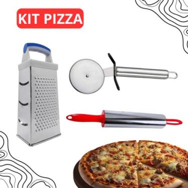 Imagem de Kit pizza - ralador 4 faces - cortador de pizza e rolo para massa - Sq