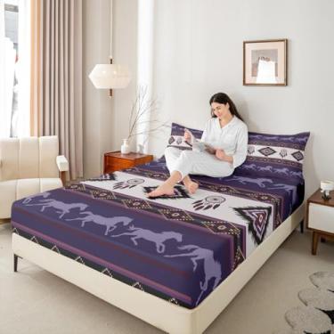 Imagem de Capa de colchão asteca boho, tamanho queen, sudoeste, tribal, exótico, com 2 fronhas, protetor de colchão de poliéster de cavalo roxo étnico americano para crianças, (sem lençol de cima)