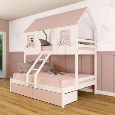 Imagem de Beliche Casal/ Solteiro Casinha Encantada com 02 Gavetas Madeira Maciça Branco/ Rosa Megamobilia