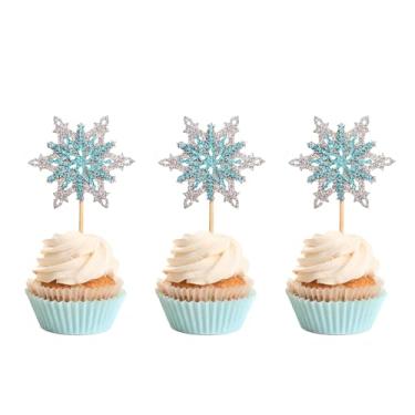 Imagem de ZpiLkes 24PCS Frozen Cake Toppers Silver Blue Winter Snowflake Cupcake Cupcake Picks Decorations for Winter Wonderland Theme Baby Shower Birthday Party Supplies