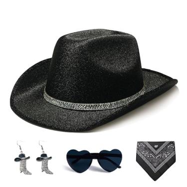 Imagem de SEPTPARTY Conjunto de chapéu de cowboy feminino de feltro sintético com glitter para fantasia de festa ocidental, Preto brilhante, M